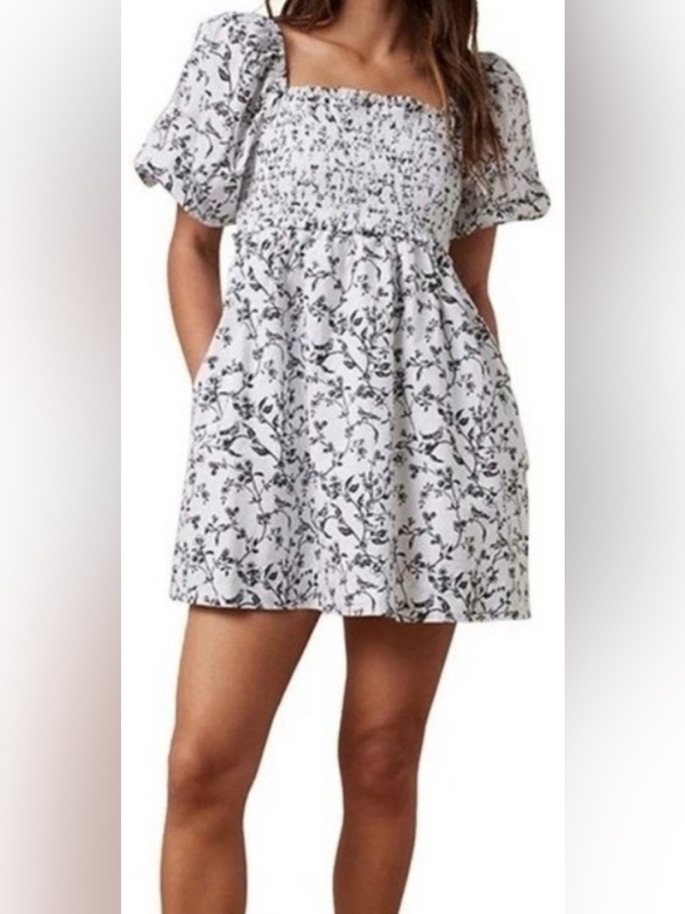 AE 100% Cotton White Floral Smocked Mini Dress with pockets